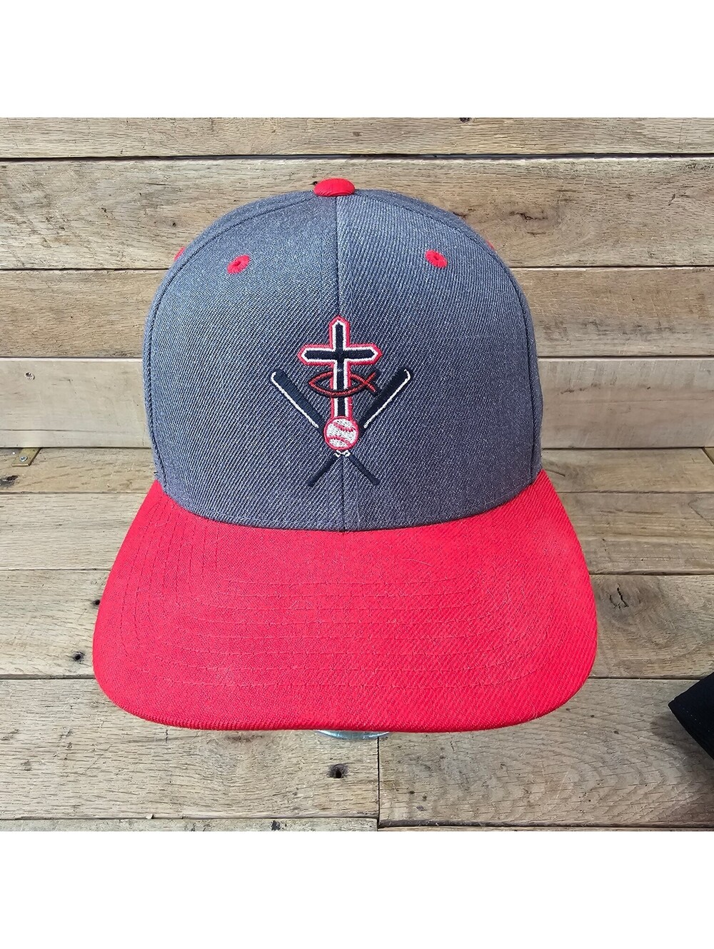 The Classics Yupoong Snapback Hat Gray Red Baseball Cross Logo Number 6